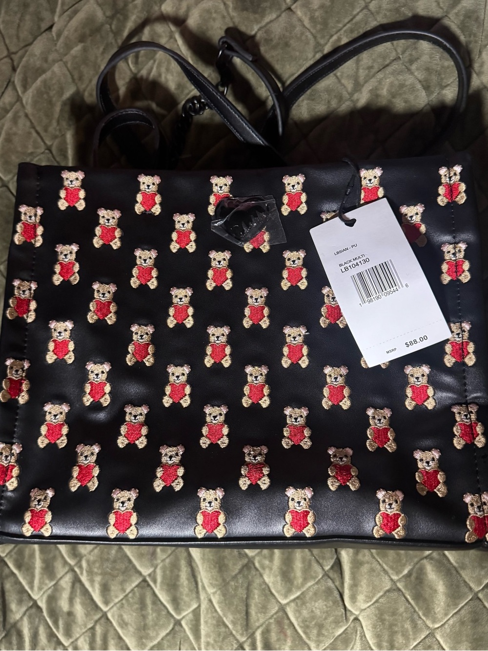 Betsey Johnson Black tote Bag purse with Embroidered pattern teddy heart accent